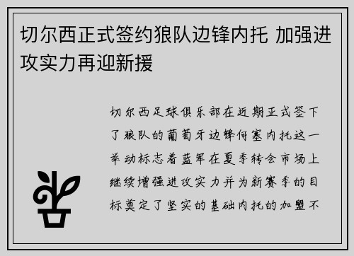 切尔西正式签约狼队边锋内托 加强进攻实力再迎新援
